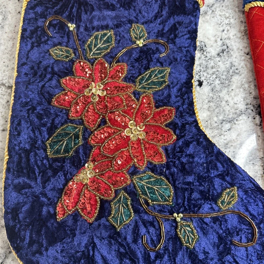 Christmas Stocking Blue/red Velvet With Sequined Design and Gold Beaded-‎ 2 VGT